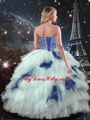 Fine Blue And White Lace Up Ball Gown Prom Dress Beading and Ruffled Layers and Sequins Sleeveless Floor Length