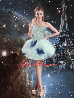 Fine Blue And White Lace Up Ball Gown Prom Dress Beading and Ruffled Layers and Sequins Sleeveless Floor Length