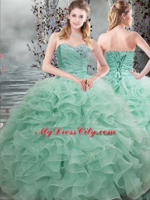 Shining Apple Green Sweet 16 Dress Military Ball and Sweet 16 and Quinceanera with Beading and Ruffles Sweetheart Sleeveless Lace Up