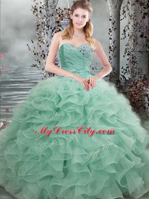 Shining Apple Green Sweet 16 Dress Military Ball and Sweet 16 and Quinceanera with Beading and Ruffles Sweetheart Sleeveless Lace Up