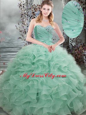 Shining Apple Green Sweet 16 Dress Military Ball and Sweet 16 and Quinceanera with Beading and Ruffles Sweetheart Sleeveless Lace Up
