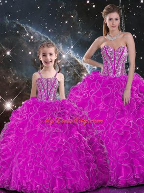 Sleeveless Floor Length Beading and Ruffles Lace Up Sweet 16 Dresses with Fuchsia
