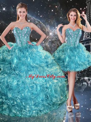 Aqua Blue Sleeveless Floor Length Beading and Ruffles Lace Up 15th Birthday Dress