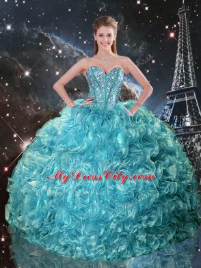Aqua Blue Sleeveless Floor Length Beading and Ruffles Lace Up 15th Birthday Dress