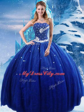 Sexy Royal Blue Ball Gowns Tulle Strapless Sleeveless Beading Floor Length Lace Up Sweet 16 Dress