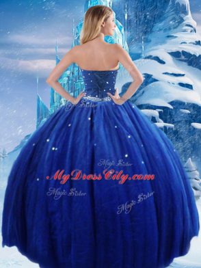 Sexy Royal Blue Ball Gowns Tulle Strapless Sleeveless Beading Floor Length Lace Up Sweet 16 Dress