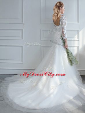 Customized Lace Wedding Dresses White Lace Up Long Sleeves Court Train