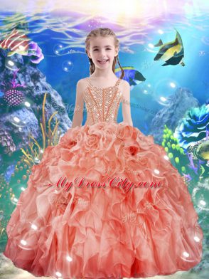 Watermelon Red Lace Up Little Girl Pageant Gowns Beading and Ruffles Sleeveless Floor Length