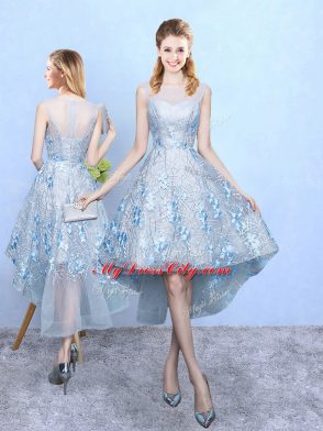 Light Blue A-line Tulle and Printed Scoop Sleeveless Appliques High Low Zipper Bridesmaid Dress