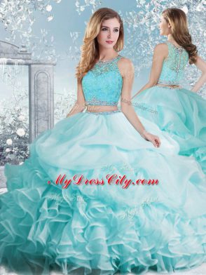 Wonderful Floor Length Aqua Blue Sweet 16 Dresses Organza Sleeveless Beading and Ruffles and Pick Ups
