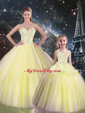 New Arrival Tulle Sweetheart Sleeveless Lace Up Beading Quinceanera Gown in Yellow