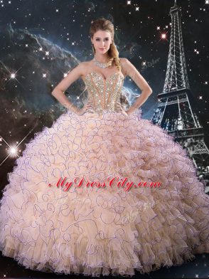 Most Popular Ball Gowns 15 Quinceanera Dress Peach Sweetheart Organza Sleeveless Floor Length Lace Up