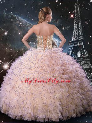 Most Popular Ball Gowns 15 Quinceanera Dress Peach Sweetheart Organza Sleeveless Floor Length Lace Up