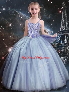 Ball Gowns Flower Girl Dresses Light Blue Straps Tulle Sleeveless Floor Length Lace Up