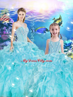Organza Sweetheart Sleeveless Lace Up Beading and Ruffles Quinceanera Gowns in Aqua Blue