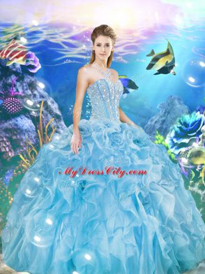 Organza Sweetheart Sleeveless Lace Up Beading and Ruffles Quinceanera Gowns in Aqua Blue