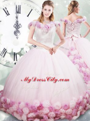 Amazing Off The Shoulder Sleeveless Ball Gown Prom Dress Brush Train Hand Made Flower Pink Fabric With Rolling Flowers