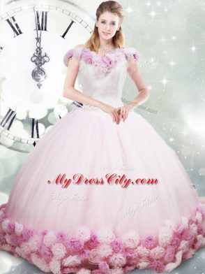 Amazing Off The Shoulder Sleeveless Ball Gown Prom Dress Brush Train Hand Made Flower Pink Fabric With Rolling Flowers
