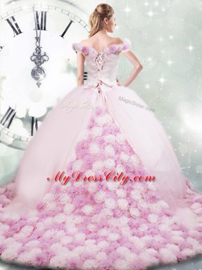 Amazing Off The Shoulder Sleeveless Ball Gown Prom Dress Brush Train Hand Made Flower Pink Fabric With Rolling Flowers