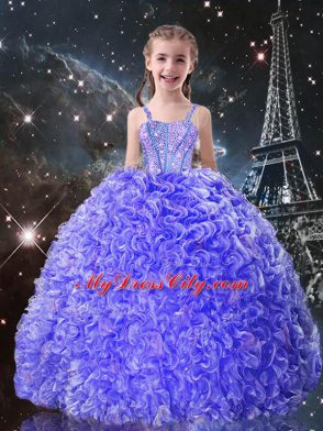 Blue Organza Lace Up Pageant Dress for Teens Sleeveless Floor Length Beading and Ruffles