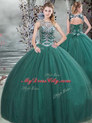 Scoop Sleeveless Lace Up 15 Quinceanera Dress Dark Green Tulle