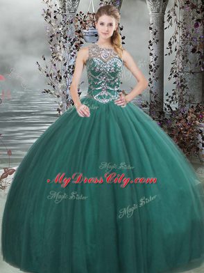 Scoop Sleeveless Lace Up 15 Quinceanera Dress Dark Green Tulle