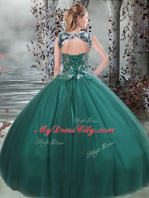 Scoop Sleeveless Lace Up 15 Quinceanera Dress Dark Green Tulle