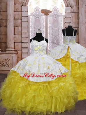 Excellent Ball Gowns Sleeveless Gold Juniors Party Dress Brush Train Lace Up