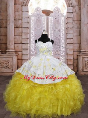 Excellent Ball Gowns Sleeveless Gold Juniors Party Dress Brush Train Lace Up