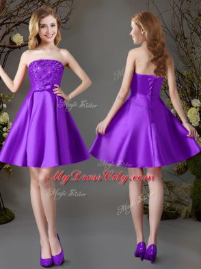 Noble Eggplant Purple Lace Up Strapless Beading Wedding Party Dress Satin Sleeveless