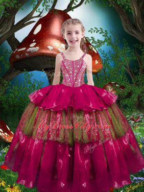 Beading and Ruffled Layers Little Girl Pageant Gowns Hot Pink Lace Up Sleeveless Floor Length