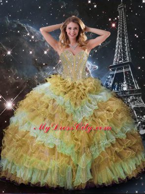 Luxurious Multi-color Sweetheart Neckline Beading and Ruffled Layers and Sequins Quinceanera Gowns Sleeveless Lace Up