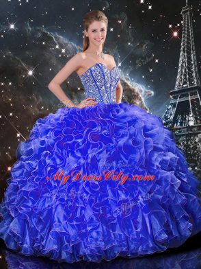 Admirable Blue Sleeveless Organza Lace Up 15 Quinceanera Dress for Military Ball and Sweet 16 and Quinceanera