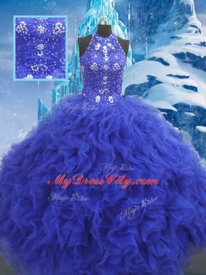 Superior Blue Sleeveless Beading and Ruffles Floor Length 15th Birthday Dress