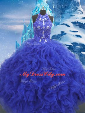 Superior Blue Sleeveless Beading and Ruffles Floor Length 15th Birthday Dress