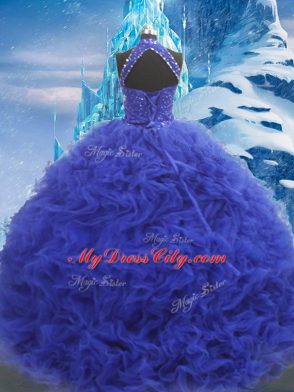 Superior Blue Sleeveless Beading and Ruffles Floor Length 15th Birthday Dress