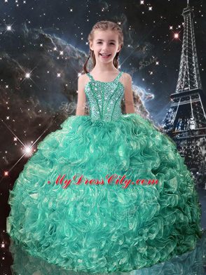 Latest Floor Length Turquoise Little Girl Pageant Gowns Organza Sleeveless Beading and Ruffles