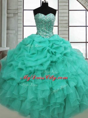 New Style Sweetheart Sleeveless Lace Up Quince Ball Gowns Turquoise Organza