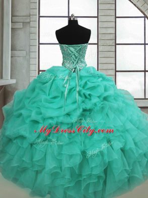New Style Sweetheart Sleeveless Lace Up Quince Ball Gowns Turquoise Organza