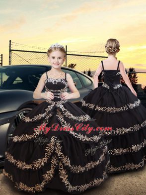 Black Spaghetti Straps Neckline Embroidery and Ruffled Layers Pageant Dress for Girls Sleeveless Lace Up