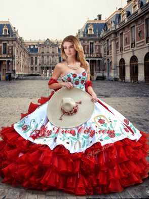 White And Red Lace Up Quinceanera Dress Embroidery and Ruffled Layers Sleeveless Floor Length