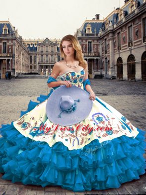 Organza and Taffeta Sleeveless Floor Length Quinceanera Gowns and Embroidery and Ruffled Layers