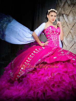 Superior Fuchsia Lace Up 15 Quinceanera Dress Embroidery and Ruffles Sleeveless Brush Train