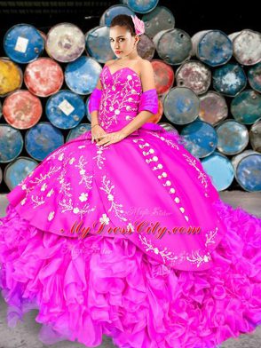 Superior Fuchsia Lace Up 15 Quinceanera Dress Embroidery and Ruffles Sleeveless Brush Train