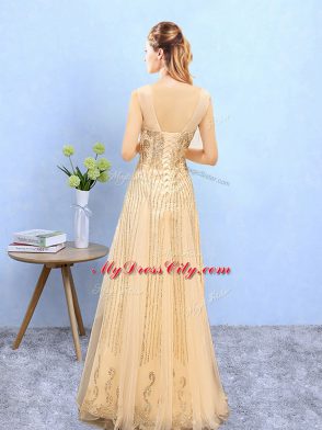 Customized Scoop Sleeveless Dama Dress Floor Length Beading and Appliques Gold Organza