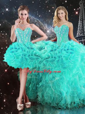 Fine Turquoise Ball Gowns Sweetheart Sleeveless Organza Floor Length Lace Up Beading and Ruffles 15 Quinceanera Dress