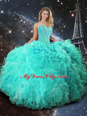 Fine Turquoise Ball Gowns Sweetheart Sleeveless Organza Floor Length Lace Up Beading and Ruffles 15 Quinceanera Dress
