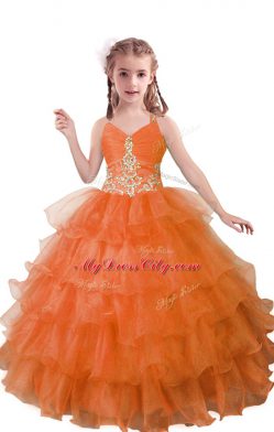 Beautiful V-neck Sleeveless Zipper Girls Pageant Dresses Orange Red Organza