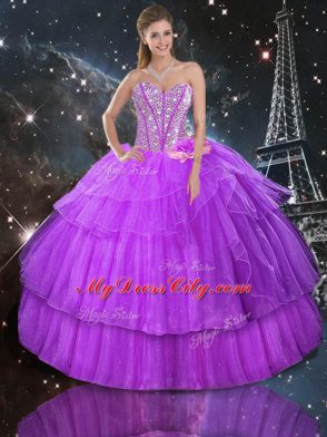 Gorgeous Sleeveless Floor Length Ruffled Layers Lace Up Sweet 16 Dresses with Purple