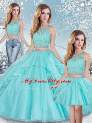 Aqua Blue Tulle Clasp Handle Scoop Sleeveless Floor Length Quinceanera Gowns Beading and Lace and Sequins